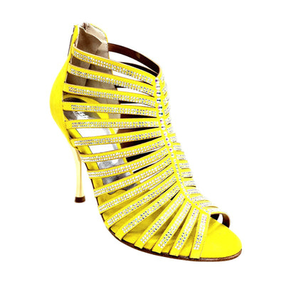 Sandalo a tronchetto donna Elsy Plus in morbido camoscio giallo con Swarovski Boreali e tacco a spillo laminato oro.