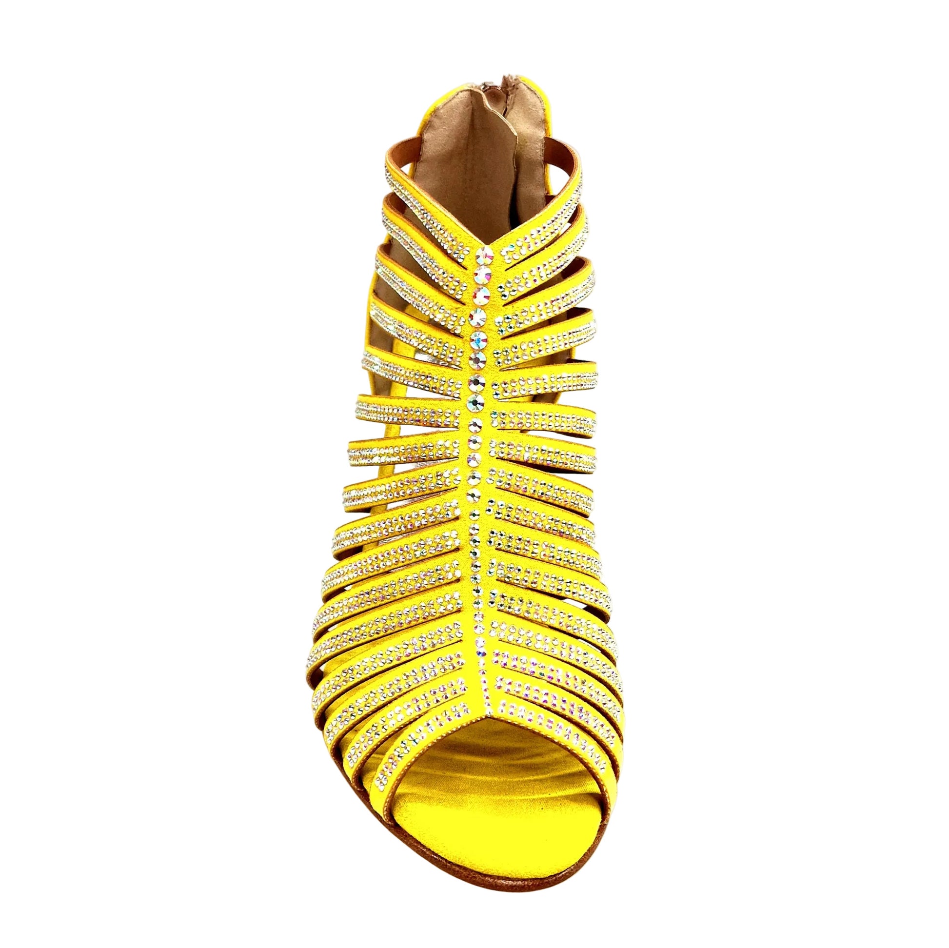 Sandalo a tronchetto donna ElsY Plus (L7) in morbido camoscio giallo con Swarovski Boreali e tacco a spillo laminato oro