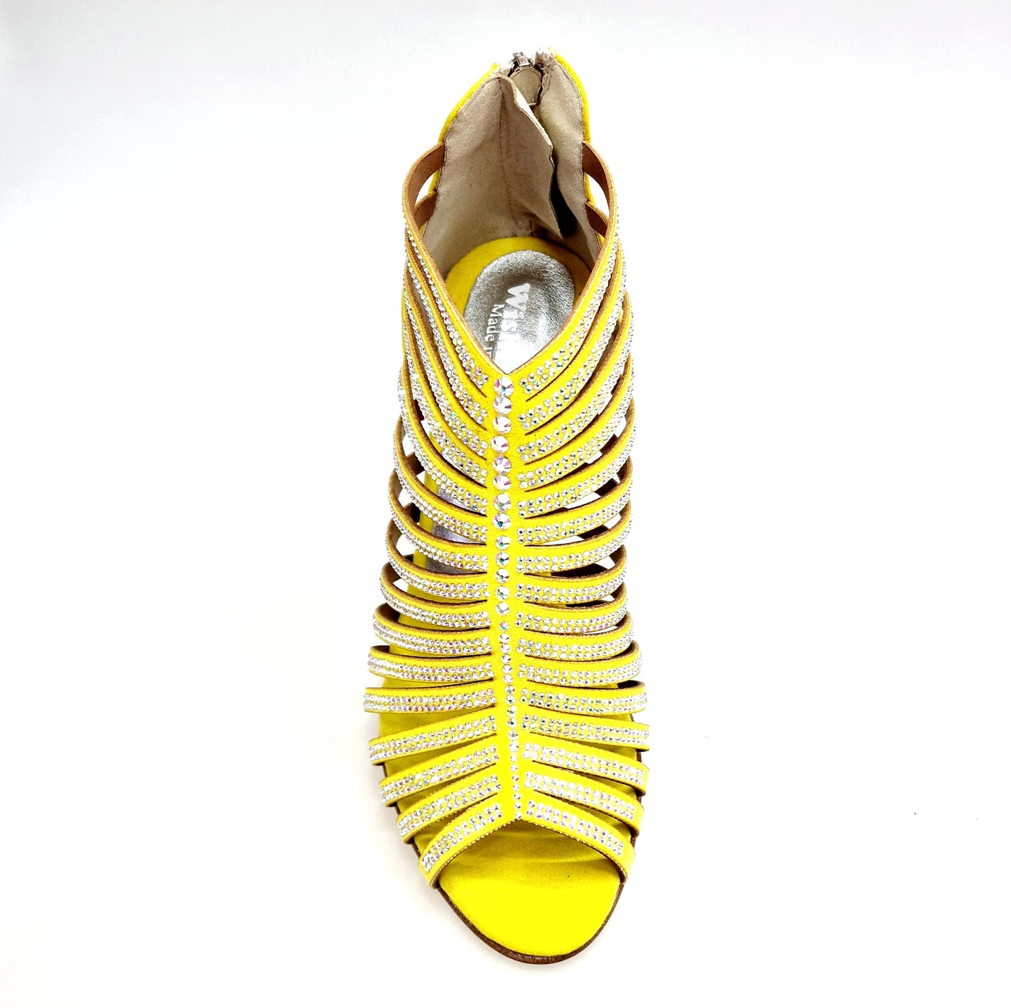 Sandalo a tronchetto donna ElsY Plus (L7) in camoscio giallo con Swarovski Boreali e tacco a spillo laminato oro.