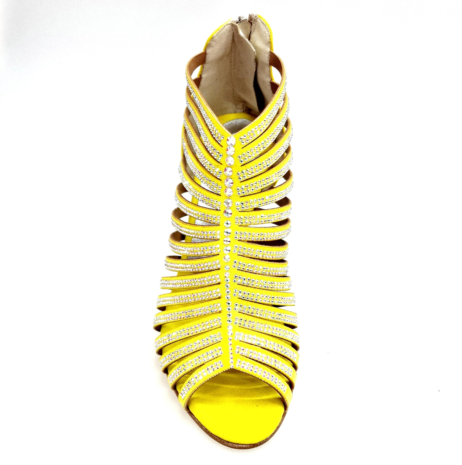 Sandalo a tronchetto donna ELSY Plus (L7) in camoscio giallo con Swarovski Boreali e tacco a spillo laminato oro.