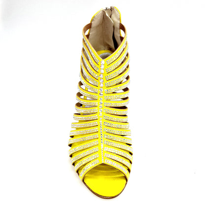 Sandalo a tronchetto donna ELSY Plus (L7) in camoscio giallo con Swarovski Boreali e tacco a spillo laminato oro.