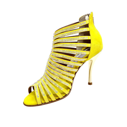 Sandalo a tronchetto donna ELSY Plus (L7) in morbido camoscio giallo con Swarovski Boreali e tacco a spillo laminato oro