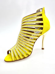 Carica immagine nella Galleria, ELSY Plus (L7) - Sandalo a Tronchetto Da Donna in Morbido Camoscio Giallo Con Swarovski Boreali e Tacco a Spillo Laminato Oro
