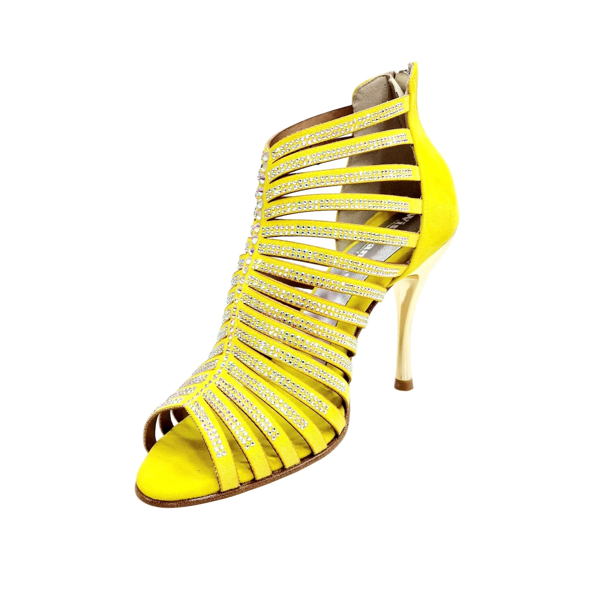 Sandalo a tronchetto Wish Dance Shop ELSY Plus (L7) in morbido camoscio giallo con Swarovski e tacco a spillo laminato oro