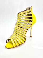 Carica immagine nella Galleria, ELSY Plus (L7) - Sandalo a Tronchetto Da Donna in Morbido Camoscio Giallo Con Swarovski Boreali e Tacco a Spillo Laminato Oro
