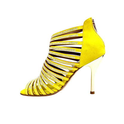 Sandalo a tronchetto donna ELSY Plus (L7) in camoscio giallo con Swarovski, tacco a spillo laminato oro, Wish Dance Shop