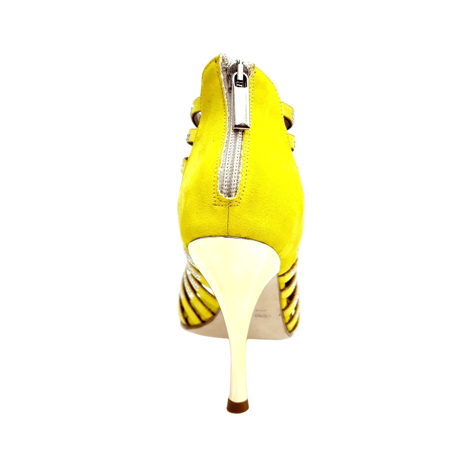 Sandalo a tronchetto da donna ELSY Plus in morbido camoscio giallo con Swarovski Boreali e tacco a spillo laminato oro.