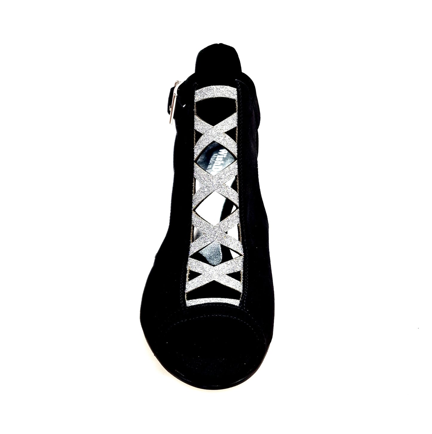 Scarpa donna DINKA Wish Dance Shop in camoscio nero con inserto glitter argento e tacco stiletto squadrato laminato argento