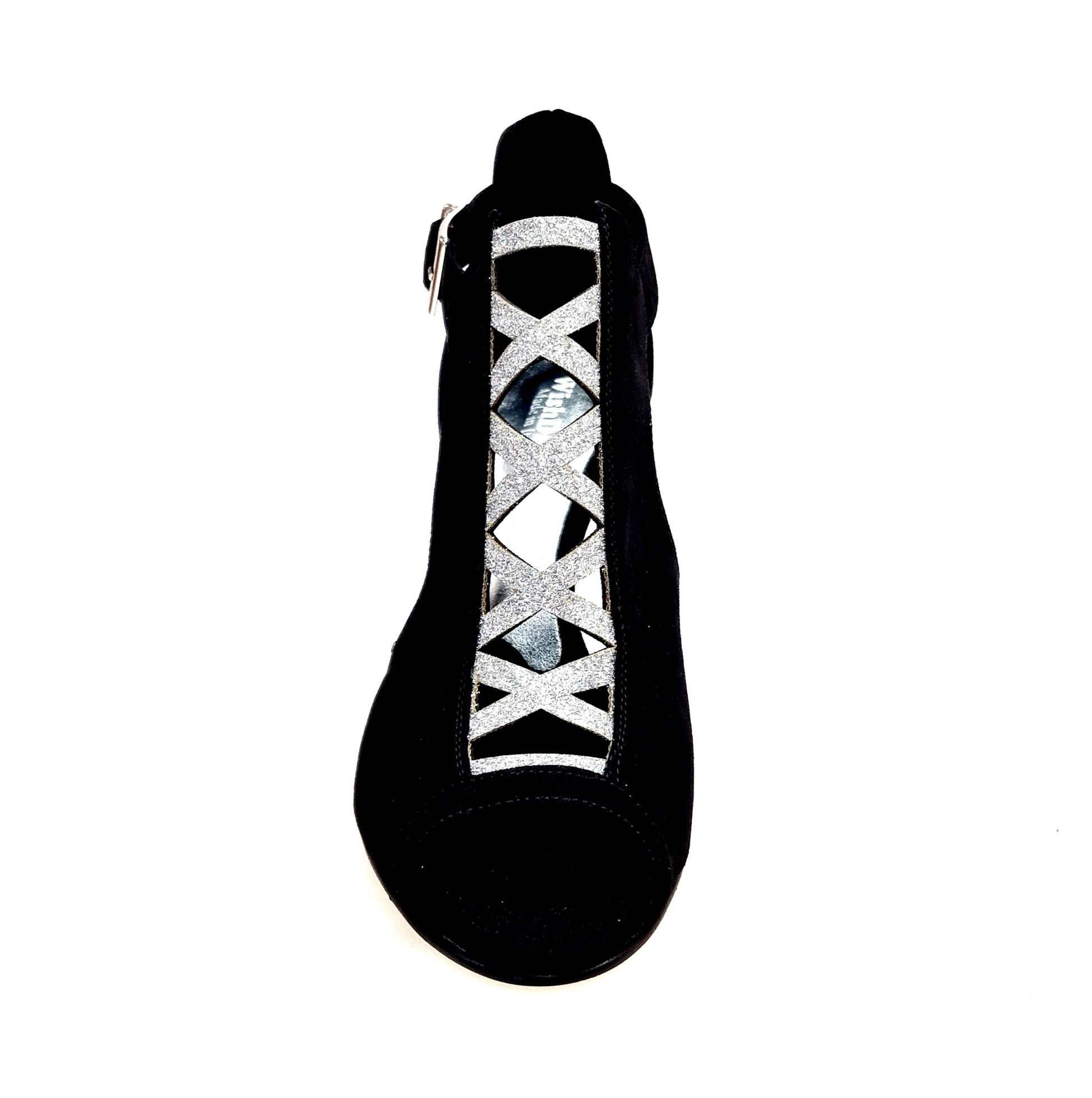 Scarpa donna DINKA Wish Dance Shop in camoscio nero con inserto glitter argento e tacco stiletto squadrato laminato argento