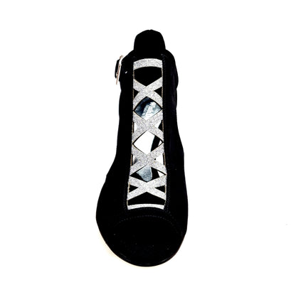 Scarpa donna DINKA Wish Dance Shop in camoscio nero con inserto glitter argento e tacco stiletto squadrato laminato argento