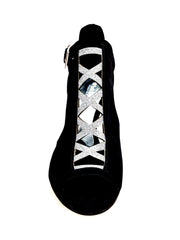 Carica immagine nella Galleria, DINKA (2304) -  Scarpa da Donna in Camoscio Nero inserto collopiede in Glitter Argento Tacco a Stiletto Squadrato Sottile Laminato Argento
