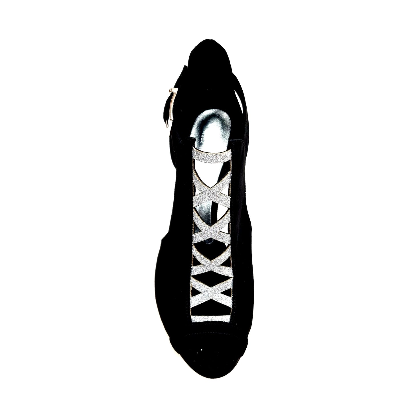Scarpa da donna DINKA Wish Dance Shop in camoscio nero con inserti glitter argento, tacco a stiletto squadrato sottile laminato argento