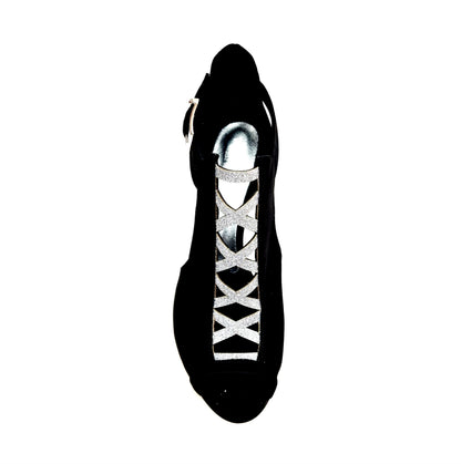 Scarpa da donna DINKA Wish Dance Shop in camoscio nero con inserti glitter argento, tacco a stiletto squadrato sottile laminato argento
