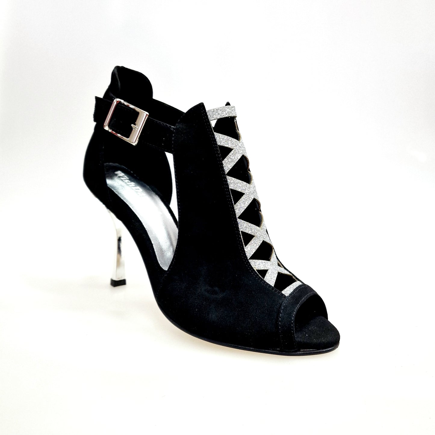 Scarpa da donna DINKA Wish Dance Shop in camoscio nero con inserti glitter argento, tacco squadrato sottile laminato argento
