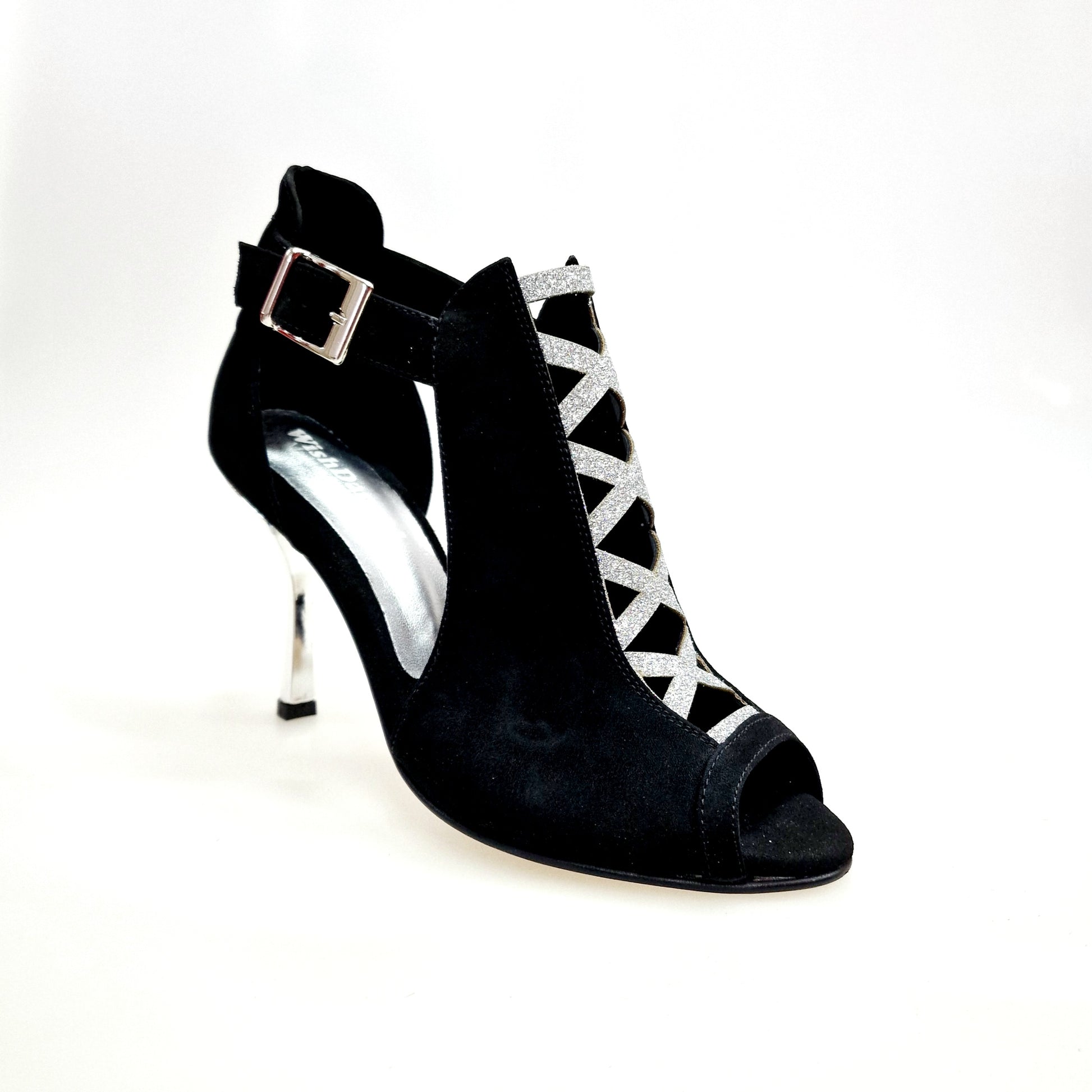 Scarpa da donna DINKA Wish Dance Shop in camoscio nero con inserti glitter argento, tacco squadrato sottile laminato argento