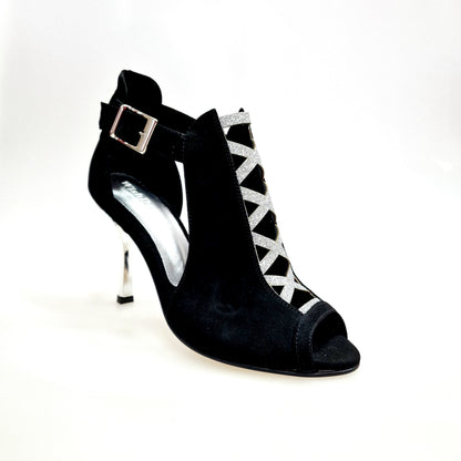 Scarpa da donna DINKA Wish Dance Shop in camoscio nero con inserti glitter argento, tacco squadrato sottile laminato argento