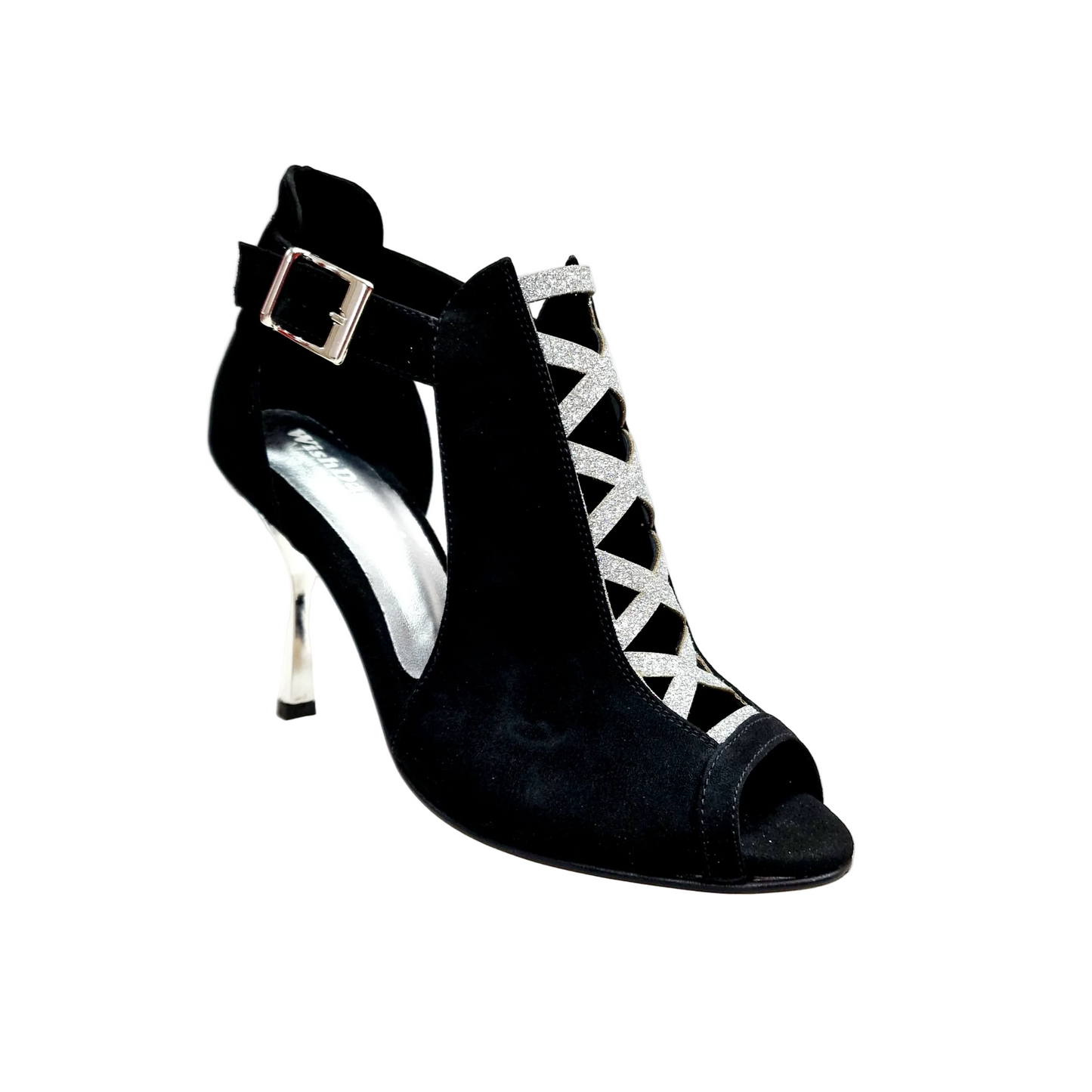 Scarpa da donna DINKA Wish Dance Shop in camoscio nero con inserti glitter argento e tacco a stiletto squadrato laminato.