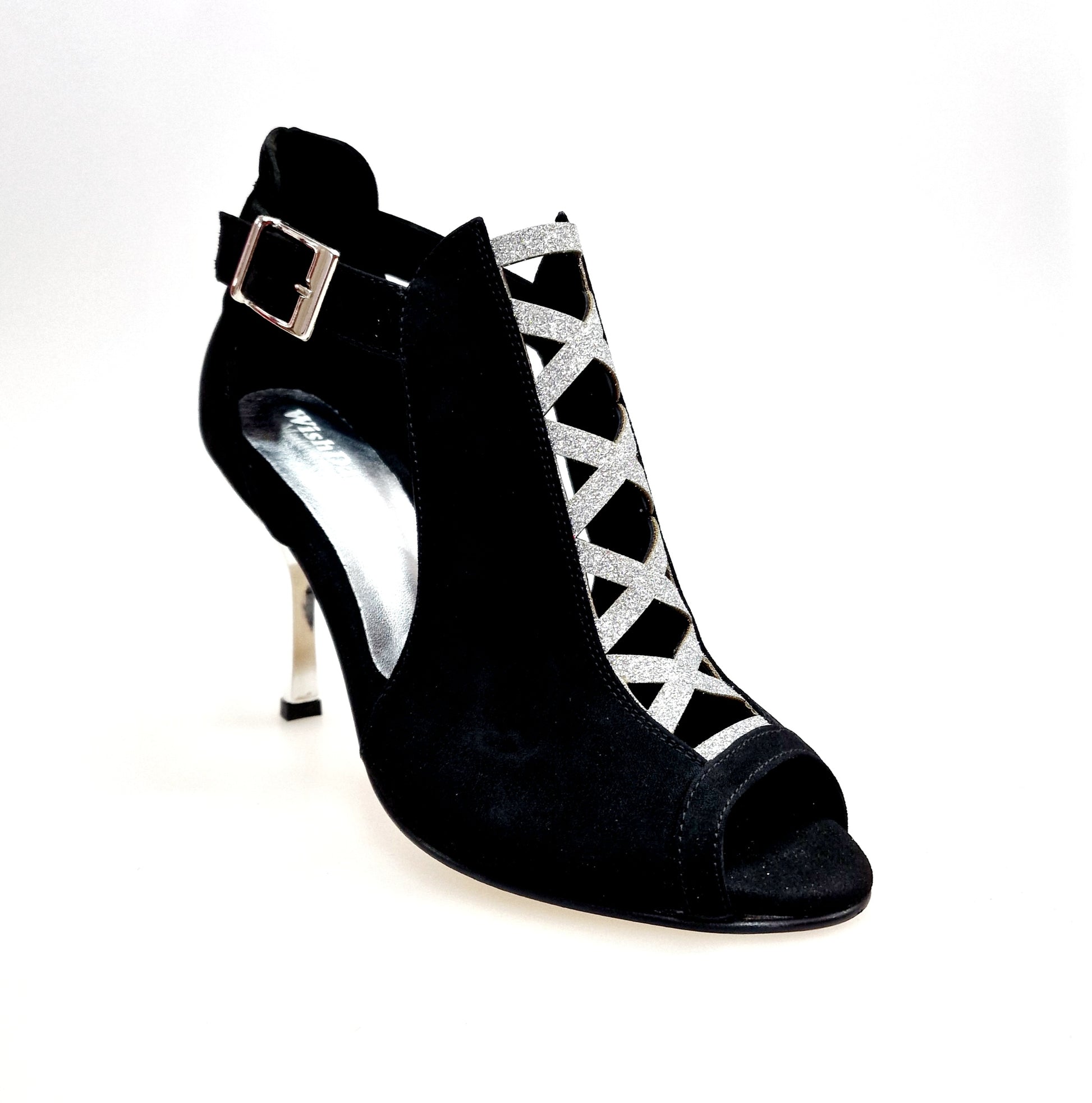 Scarpa da donna DINKA Wish Dance Shop in camoscio nero con inserto glitter argento, tacco stiletto squadrato e laminato argento