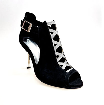 Scarpa da donna DINKA Wish Dance Shop in camoscio nero con inserto glitter argento, tacco stiletto squadrato e laminato argento