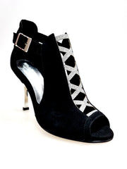 Carica immagine nella Galleria, DINKA (2304) -  Scarpa da Donna in Camoscio Nero inserto collopiede in Glitter Argento Tacco a Stiletto Squadrato Sottile Laminato Argento
