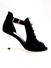 Carica immagine nella Galleria, DINKA (2304) -  Scarpa da Donna in Camoscio Nero inserto collopiede in Glitter Argento Tacco a Stiletto Squadrato Sottile Laminato Argento
