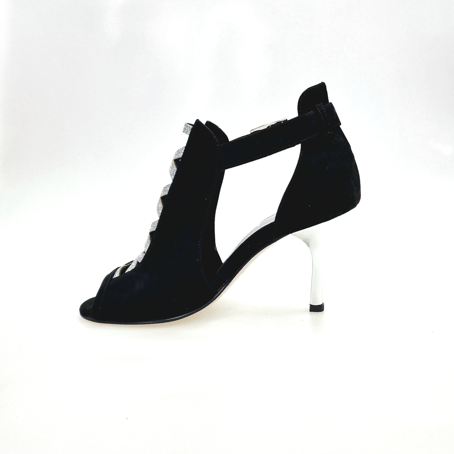 Scarpa donna DINKA Wish Dance Shop in camoscio nero con inserti glitter argento e tacco a stiletto squadrato laminato argento