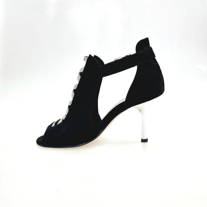 Scarpa donna DINKA Wish Dance Shop in camoscio nero con inserti glitter argento e tacco a stiletto squadrato laminato argento