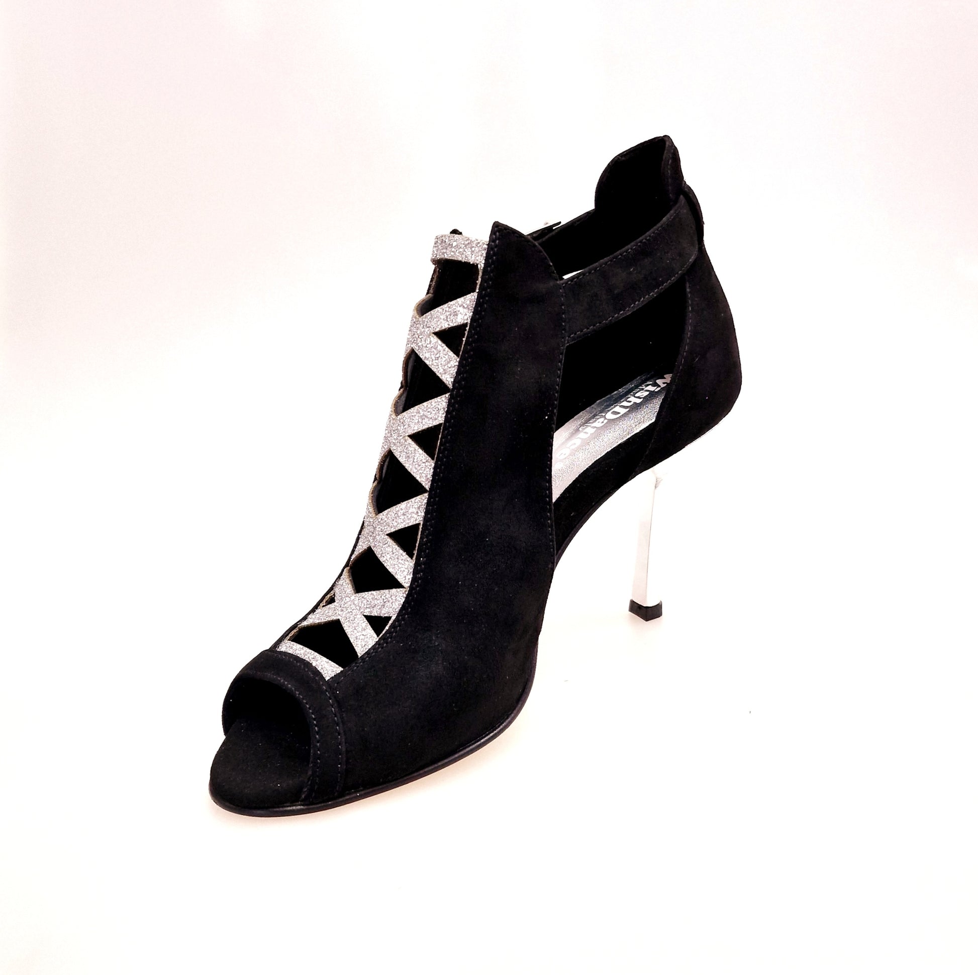 Scarpa da donna DINKA Wish Dance Shop in camoscio nero con inserti glitter argento, tacco stiletto squadrato e laminato argento