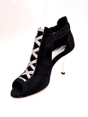 Carica immagine nella Galleria, DINKA (2304) -  Scarpa da Donna in Camoscio Nero inserto collopiede in Glitter Argento Tacco a Stiletto Squadrato Sottile Laminato Argento
