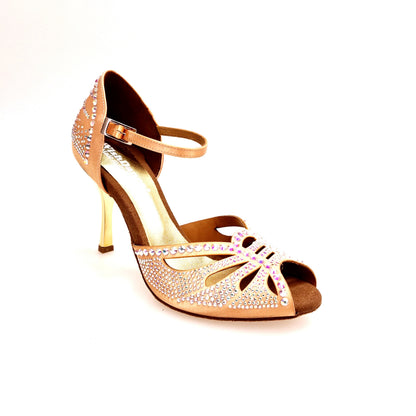 Scarpa da ballo DADA Diamond QA (L5) in raso seta carne con Swarovski Boreali e tacco stiletto laminato oro.