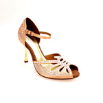 Load image into Gallery viewer, DADA Diamond QA (L5) - Scarpa da Ballo in Raso Seta Carne Flash con Swarovski Boreali e Tacco Stiletto Laminato Oro
