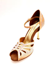 Carica immagine nella Galleria, DADA Diamond QA (L5) - Scarpa da Ballo in Raso Seta Carne Flash con Swarovski Boreali e Tacco Stiletto Laminato Oro
