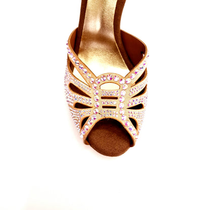 Scarpa da ballo in raso seta carne con Swarovski Boreali e tacco stiletto laminato oro, modello DADA Diamond QA (L5).
