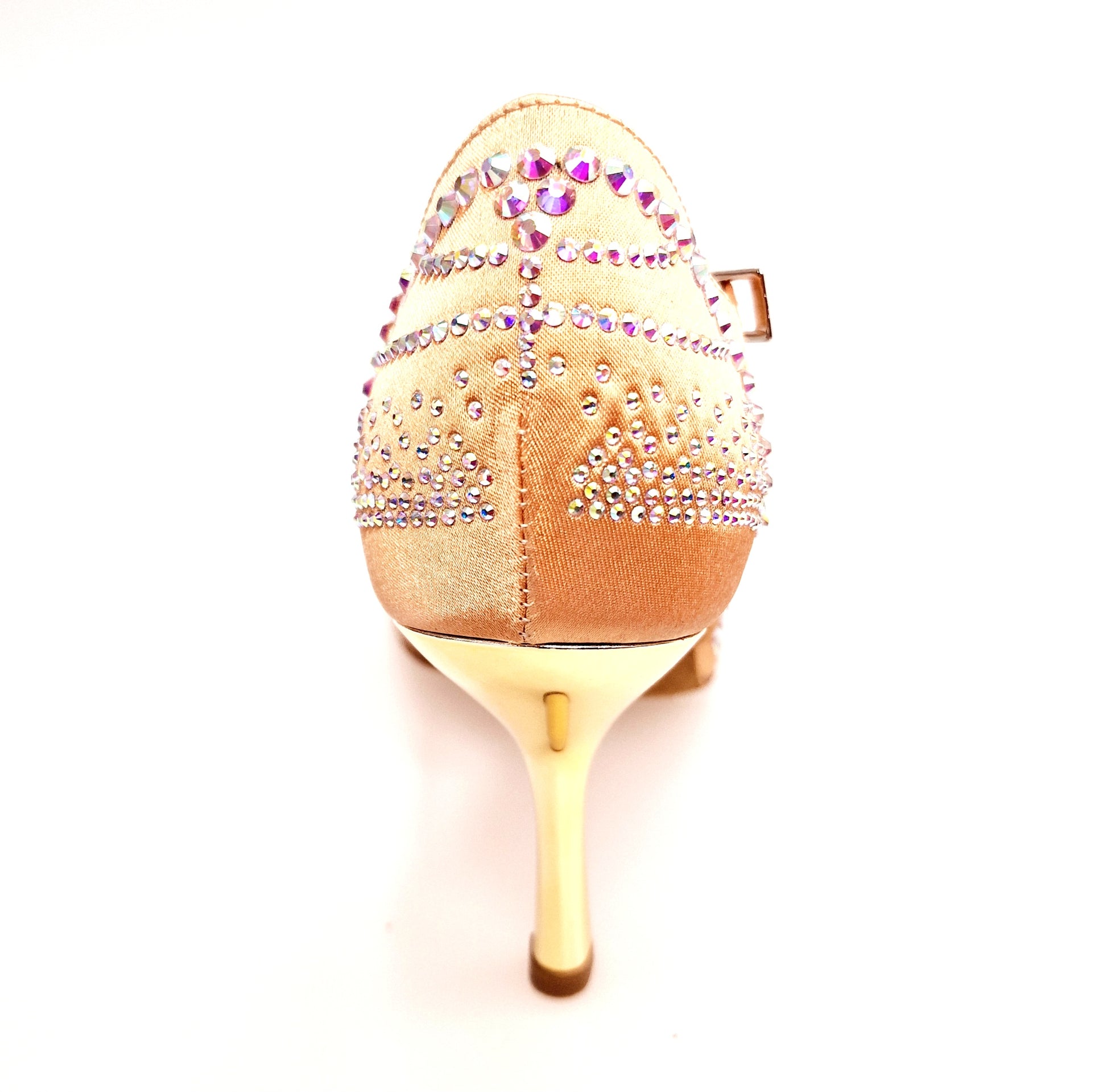 Scarpa da ballo DADA Diamond QA L5 in raso seta carne con Swarovski Boreali e tacco stiletto laminato oro
