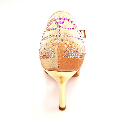 Scarpa da ballo DADA Diamond QA L5 in raso seta carne con Swarovski Boreali e tacco stiletto laminato oro