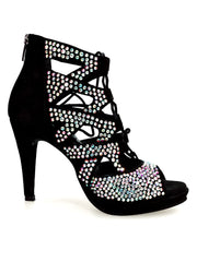 Load image into Gallery viewer, Olimpya One Plus - Sandalo a Tronchetto in Camoscio Nero e Swarovski Boreali parte Anteriore e Collopiede con Plateau e Tacco alto a Spillo largo
