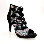 Load image into Gallery viewer, Olimpya One Plus - Sandalo a Tronchetto in Camoscio Nero e Swarovski Boreali parte Anteriore e Collopiede con Plateau e Tacco alto a Spillo largo
