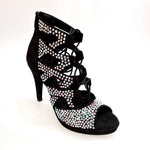 Load image into Gallery viewer, Olimpya One Plus - Sandalo a Tronchetto in Camoscio Nero e Swarovski Boreali parte Anteriore e Collopiede con Plateau e Tacco alto a Spillo largo
