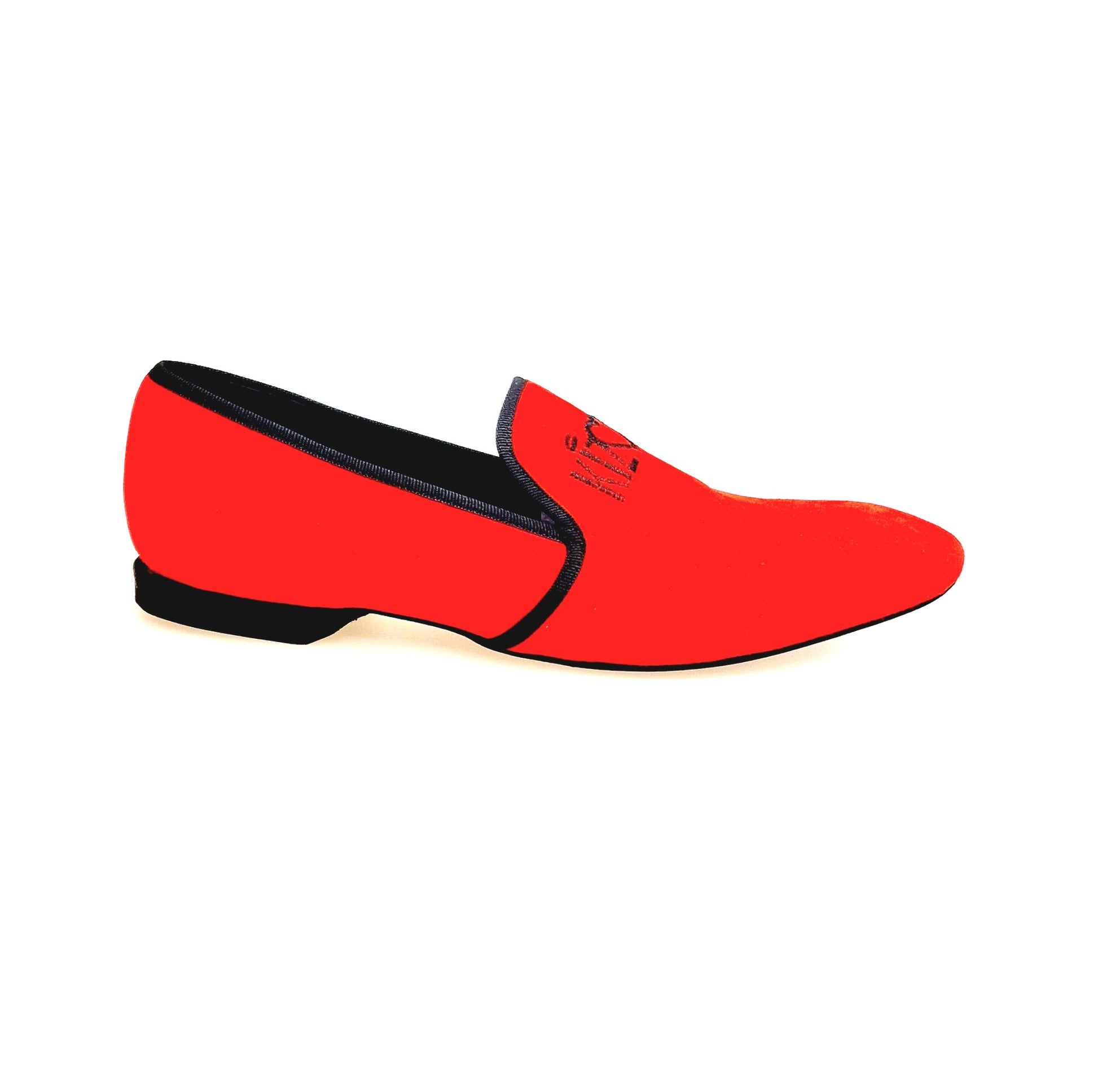 Mocassino in camoscio rosso bordo e nero con ricamo, modello Venturi MS21 KIZMI, forma lunga, stile elegante e moderno