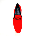 Carica immagine nella Galleria, Mocassino Venturi MS21 in camoscio rosso e nero con ricami, forma lunga, stile elegante e sofisticato di Wish Dance Shop
