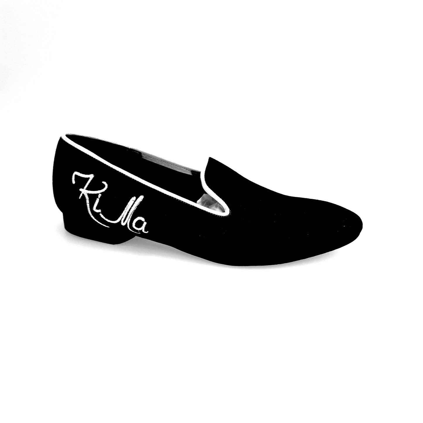 Mocassino Stefan Black MS20 KIMA in camoscio nero con profilo bianco e ricamo bianco, forma lunga, scarpa Wish Dance Shop