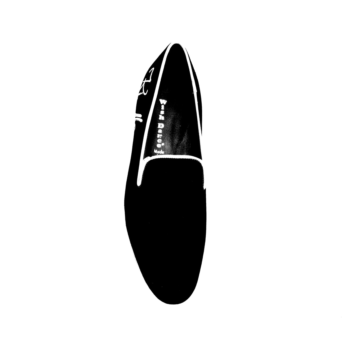 Mocassino Stefan Black MS20 KIMA in camoscio nero con profilo bianco e ricamo Kima bianco, forma lunga, su sfondo neutro.