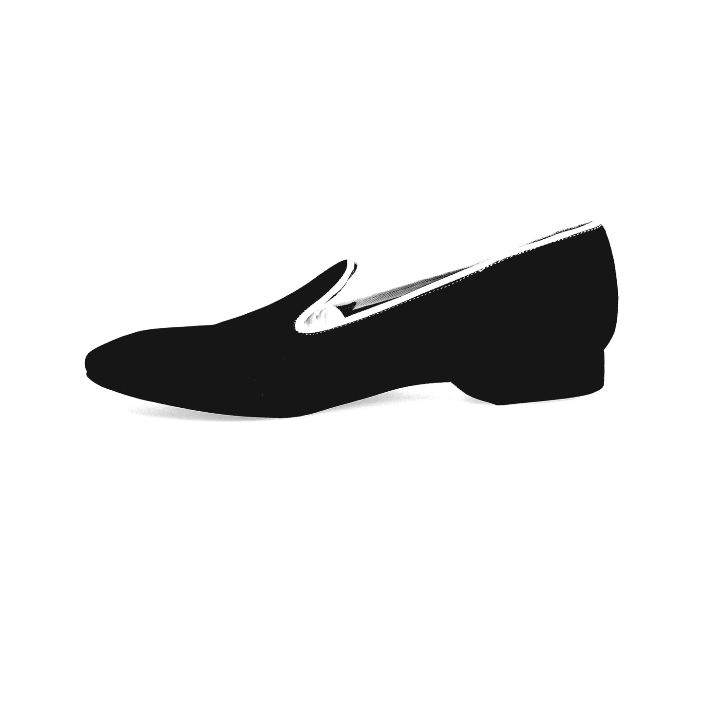 Mocassino Stefan Black (MS20) KIMA in camoscio nero con profilo bianco e ricamo Kima bianco, forma lunga, su sfondo neutro