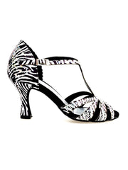 Carica immagine nella Galleria, ZEBRY Superb (L1) - Scarpa da Ballo in Raso Seta Zebrato con Swarovski e Tacco a Rocchetto
