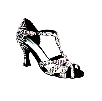 Scarpa da ballo ZEBRY Superb (L1) in raso seta zebrato con Swarovski e tacco a rocchetto, elegante e brillante.