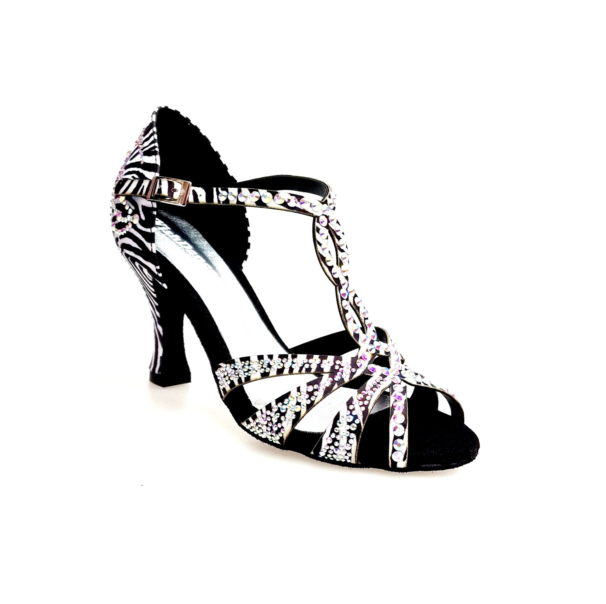 Scarpa da ballo ZEBRY Superb (L1) in raso seta zebrato con Swarovski e tacco a rocchetto, elegante e brillante.
