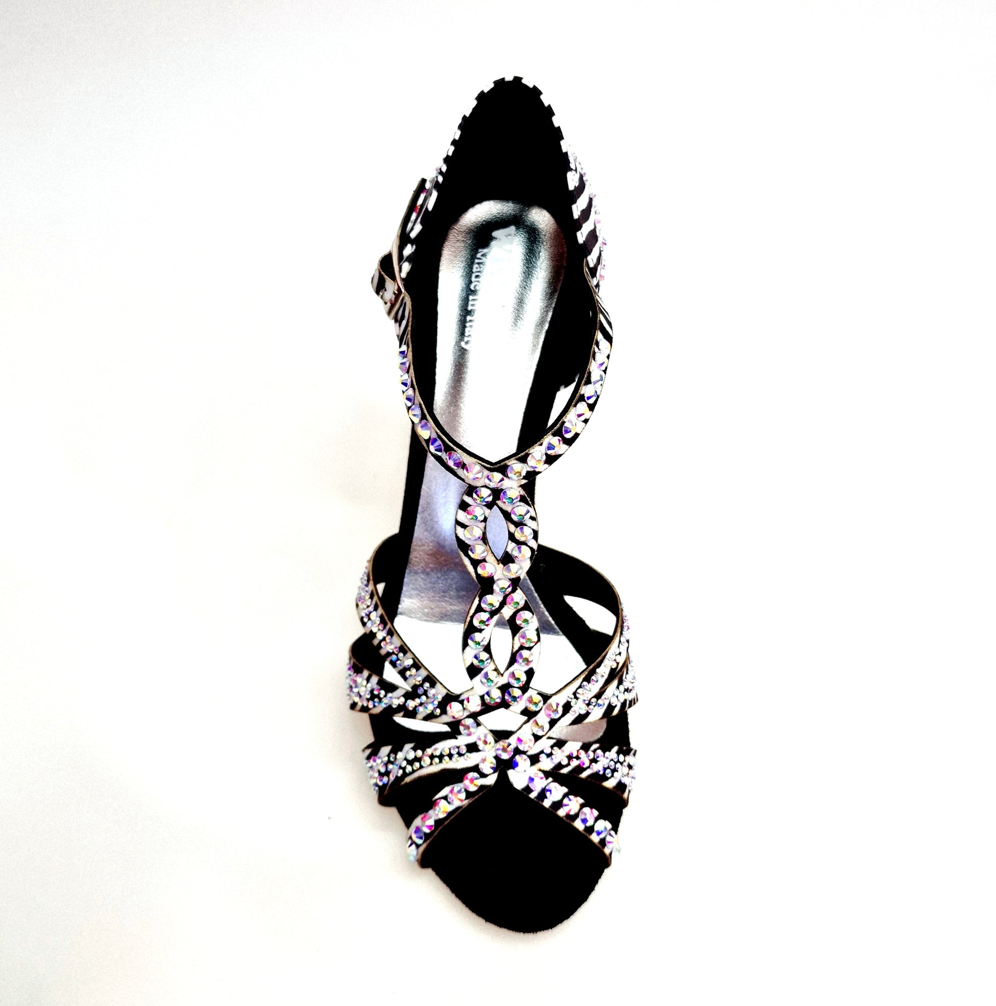 Scarpa da ballo ZEBRY Superb (L1) in raso seta zebrato con dettagli Swarovski e tacco a rocchetto, elegante e raffinata.