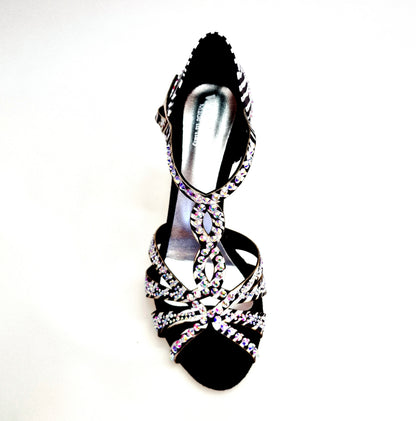 Scarpa da ballo ZEBRY Superb (L1) in raso seta zebrato con dettagli Swarovski e tacco a rocchetto, elegante e raffinata.