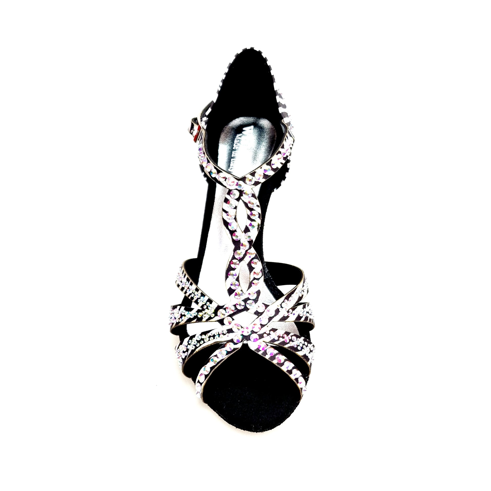 Scarpa da ballo Zebry Superb (L1) in raso seta zebrato con cristalli Swarovski e tacco a rocchetto, elegante e raffinata.