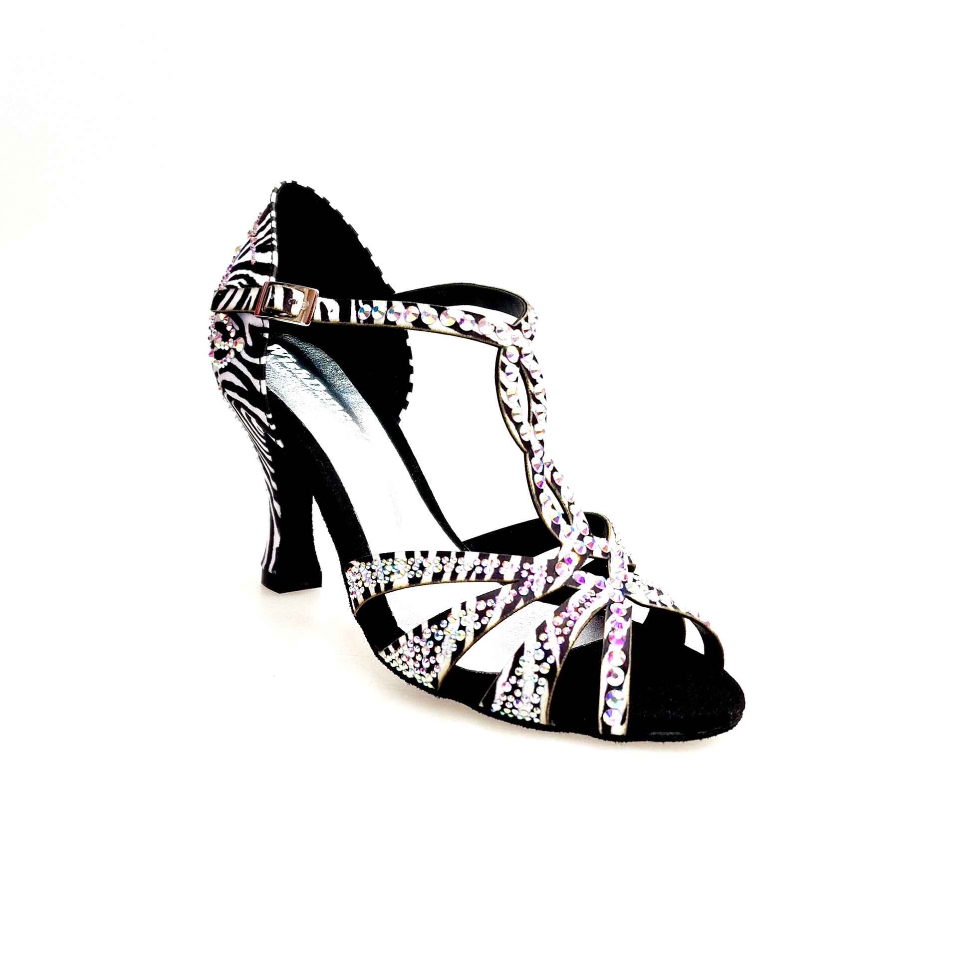 Scarpa da ballo ZEBRY Superb in raso seta zebrato con Swarovski, tacco a rocchetto, elegante calzatura da danza Wish Dance Shop